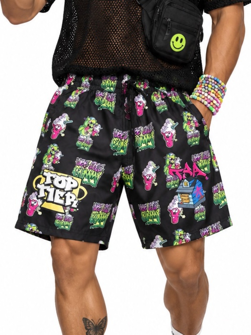 Top Tier Graphic Black Men's Casual Shorts with Neon Print